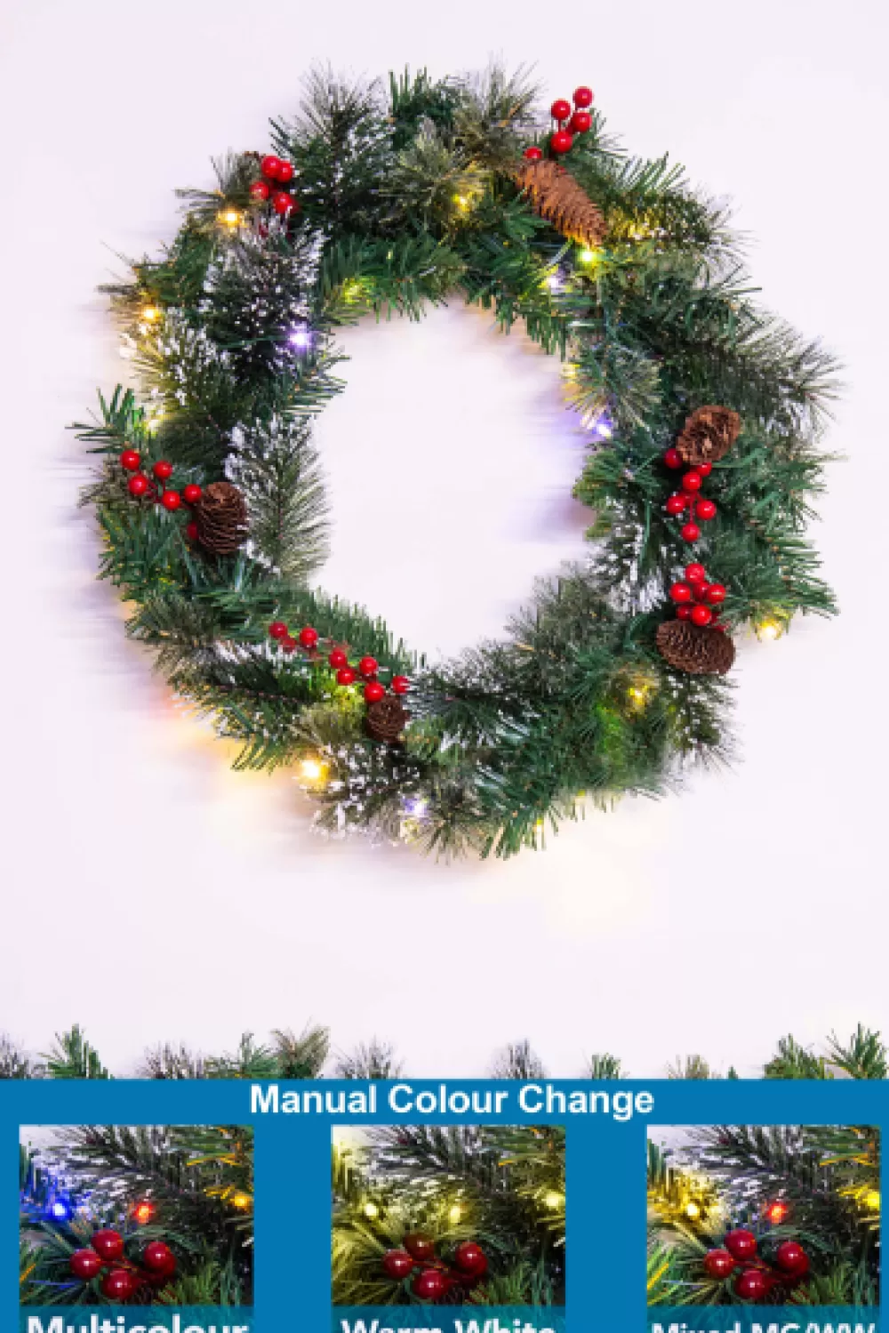 Christmas Tree World 50cm Pre-lit Decorated Mixed Pine Wreath Warm White/Multicolour LEDs< Pre-Lit Christmas Wreaths