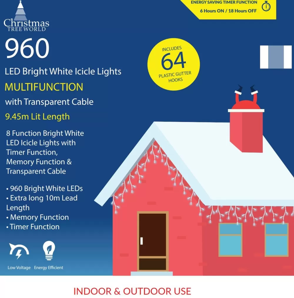 Christmas Tree World CTW Clear Cable 960 LED Snowing Icicle Light Set - Bright White W/ 64 Gutter Hooks< Outdoor Christmas Lights | Outdoor Christmas Tree Lights