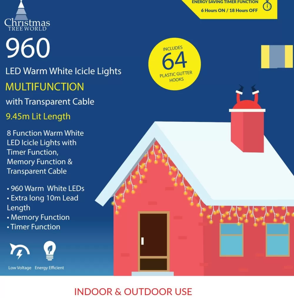 Christmas Tree World CTW Clear Cable 960 LED Snowing Icicle Light Set - Warm White W/ 64 Gutter Hooks< Outdoor Christmas Lights | Outdoor Christmas Tree Lights