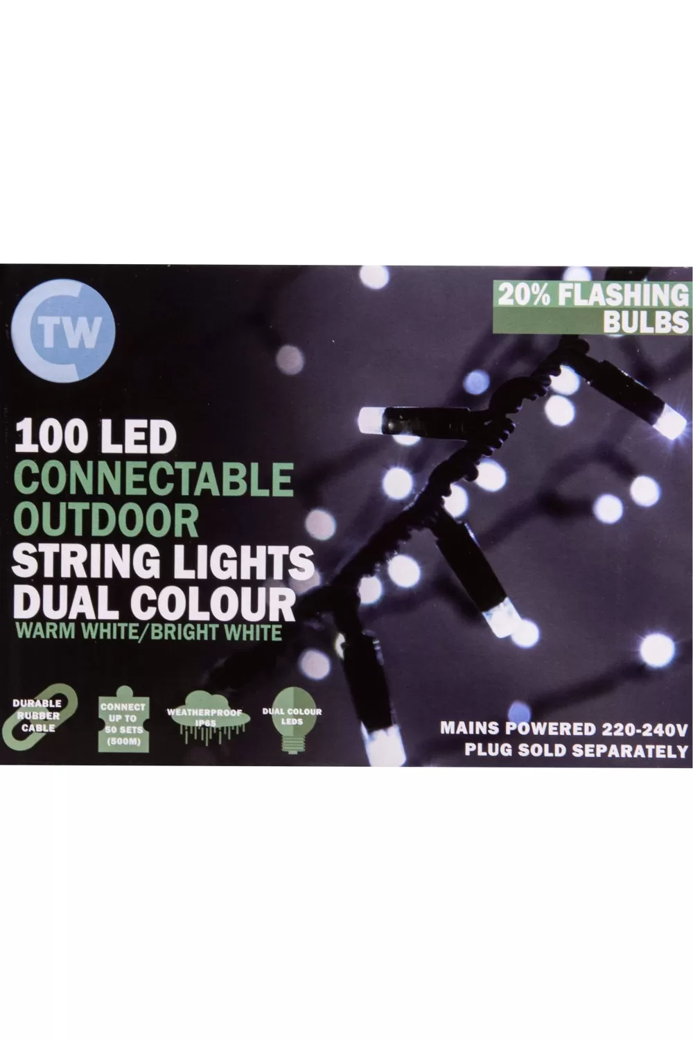 Christmas Tree World LED Rubber Cable Connectable Outdoor String Lights - Dual Colour Bright White/Warm White (IP65)< Connectable Lights | Christmas Tree World Brand