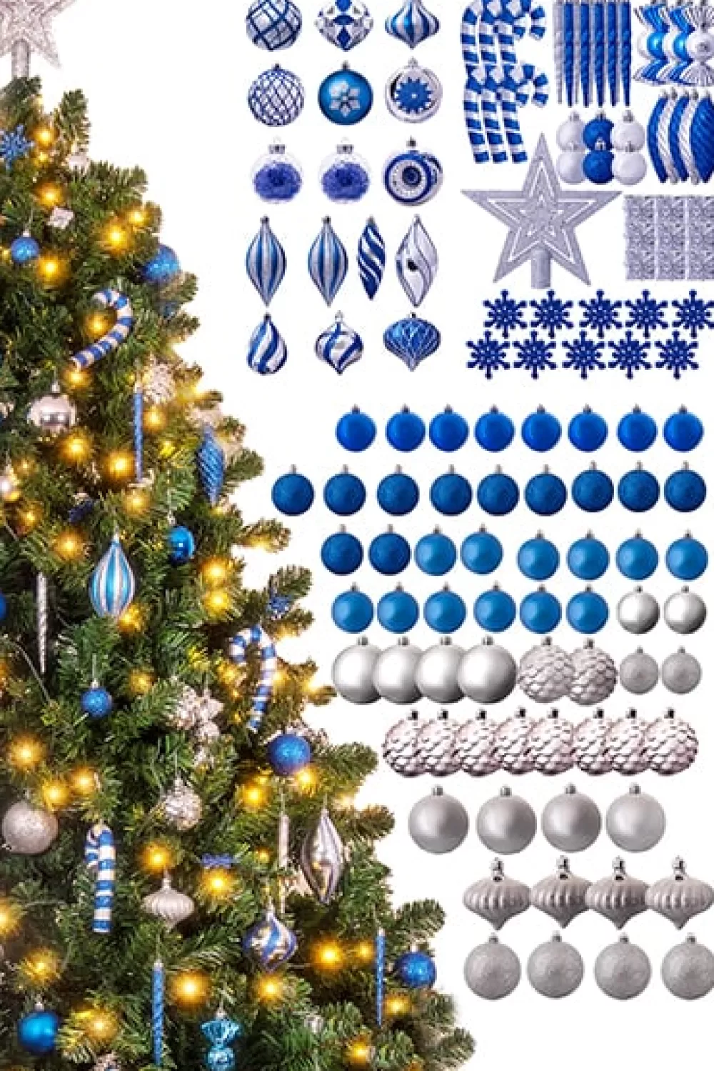 Christmas Tree World The 128pc Blue & Silver Full Heavy Coverage Bauble Set (6ft Trees)< 6 Foot Pre Lit Christmas Trees | Pre-Lit Christmas Trees