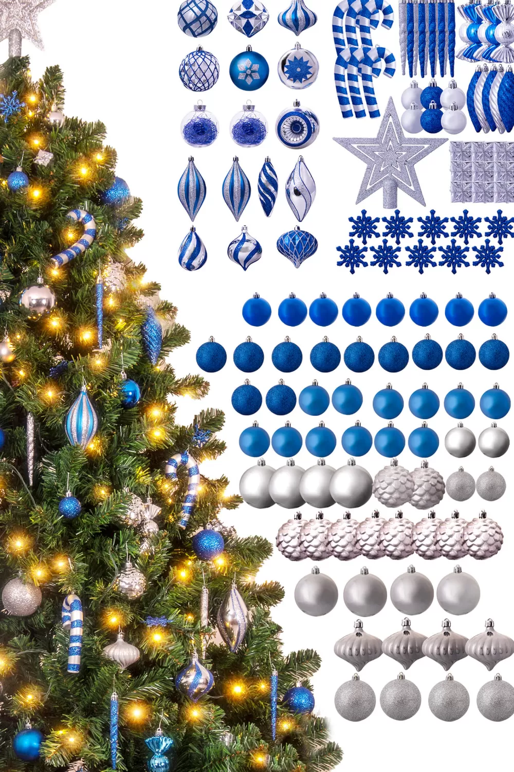 Christmas Tree World The 128pc Blue & Silver Full Heavy Coverage Bauble Set (6ft Trees)< 6 Foot Pre Lit Christmas Trees | Pre-Lit Christmas Trees