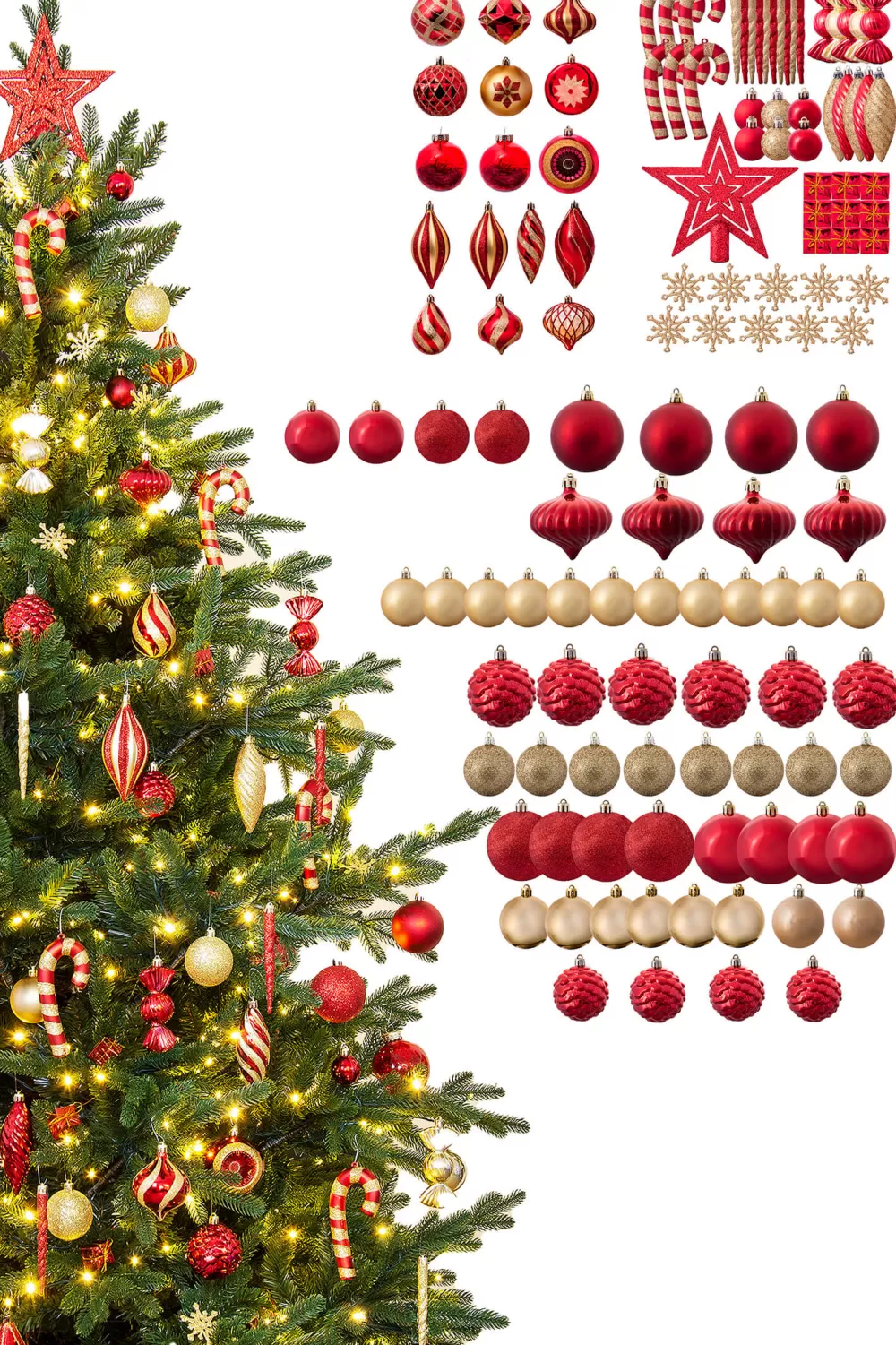 Christmas Tree World The 128pc Red & Gold Full Heavy Coverage Bauble Set (6ft Trees)< 6 Foot Pre Lit Christmas Trees | Pre-Lit Christmas Trees