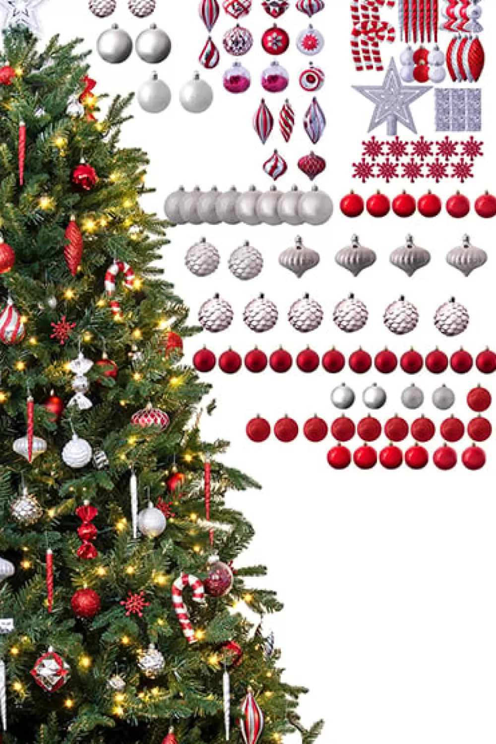 Christmas Tree World The 128pc Red & Silver Full Heavy Coverage Bauble Set (6ft Trees)< 6 Foot Pre Lit Christmas Trees | Pre-Lit Christmas Trees