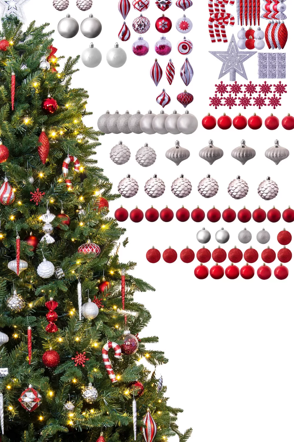 Christmas Tree World The 128pc Red & Silver Full Heavy Coverage Bauble Set (6ft Trees)< 6 Foot Pre Lit Christmas Trees | Pre-Lit Christmas Trees