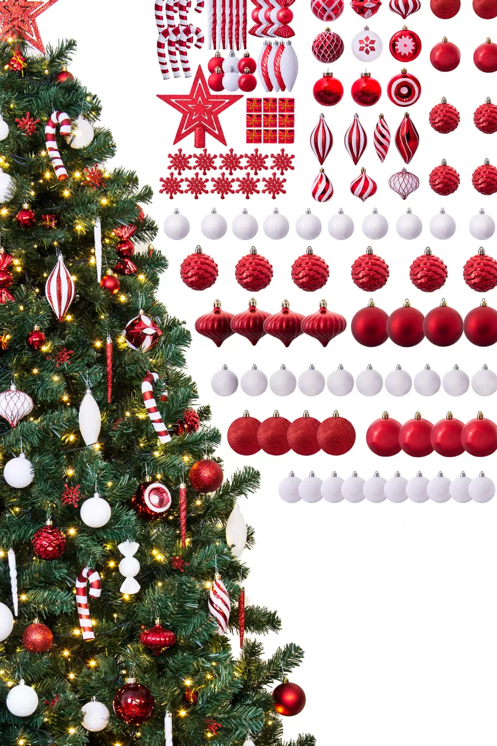 Christmas Tree World The 128pc Red & White Full Heavy Coverage Bauble Set (6ft Trees)< 6 Foot Pre Lit Christmas Trees | Pre-Lit Christmas Trees