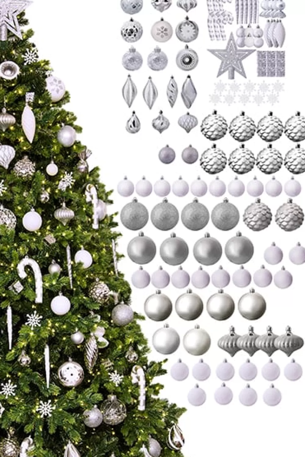 Christmas Tree World The 128pc White & Silver Full Heavy Coverage Bauble Set (6ft Trees)< 6 Foot Pre Lit Christmas Trees | Pre-Lit Christmas Trees