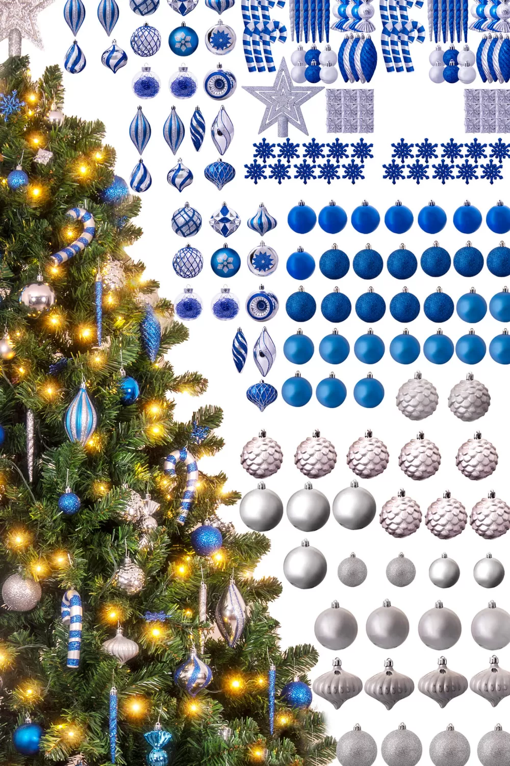 Christmas Tree World The 196pc Blue & Silver Full Heavy Coverage Bauble Set (7ft Trees)< 7 Foot Pre Lit Christmas Trees | Pre-Lit Christmas Trees