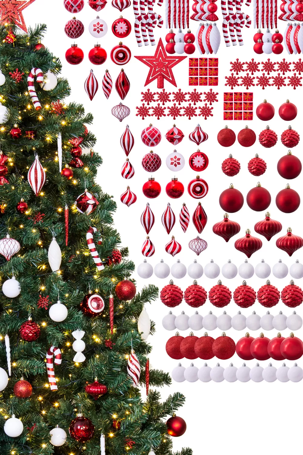 Christmas Tree World The 196pc Red & White Full Heavy Coverage Bauble Set (7ft Trees)< 7 Foot Pre Lit Christmas Trees | Pre-Lit Christmas Trees
