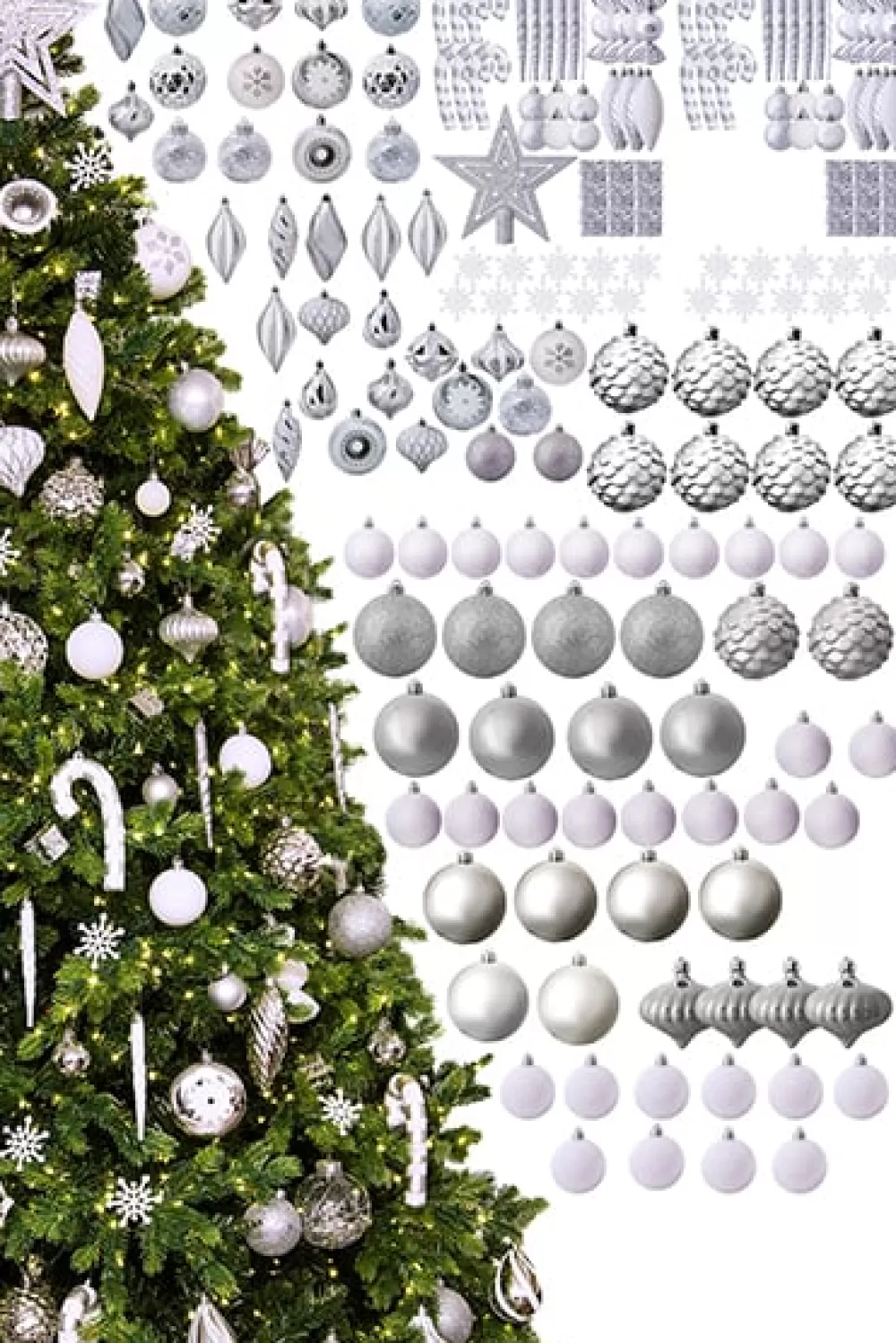 Christmas Tree World The 196pc White & Silver Full Heavy Coverage Bauble Set (7ft Trees)< 7 Foot Pre Lit Christmas Trees | Pre-Lit Christmas Trees