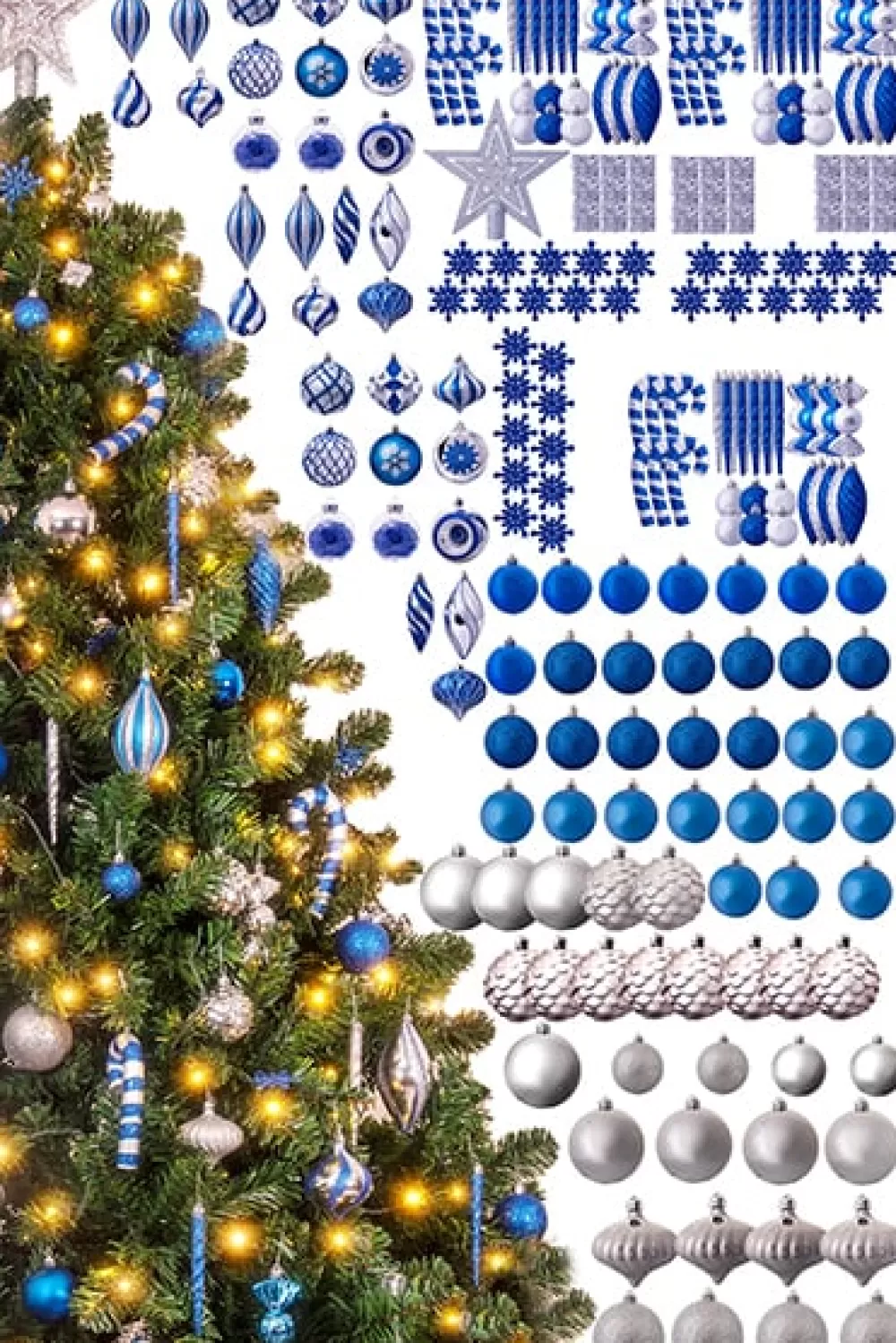 Christmas Tree World The 212pc Blue & Silver Full Heavy Coverage Bauble Set (8ft Trees)< 8 Foot Pre Lit Christmas Trees | Pre-Lit Christmas Trees
