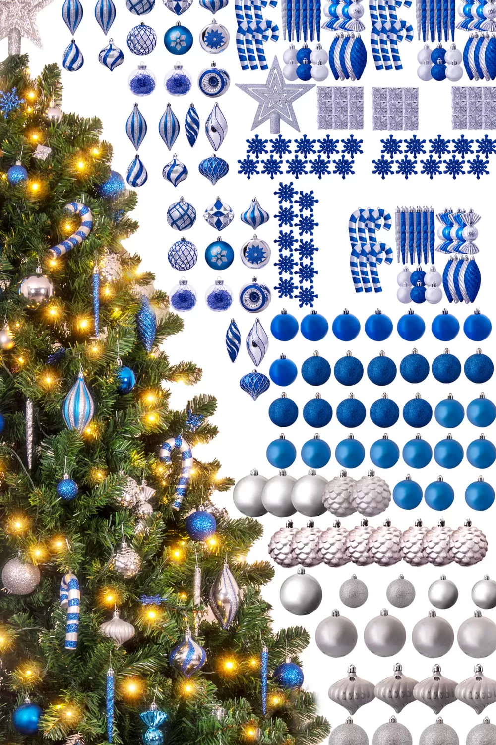Christmas Tree World The 212pc Blue & Silver Full Heavy Coverage Bauble Set (8ft Trees)< 8 Foot Pre Lit Christmas Trees | Pre-Lit Christmas Trees
