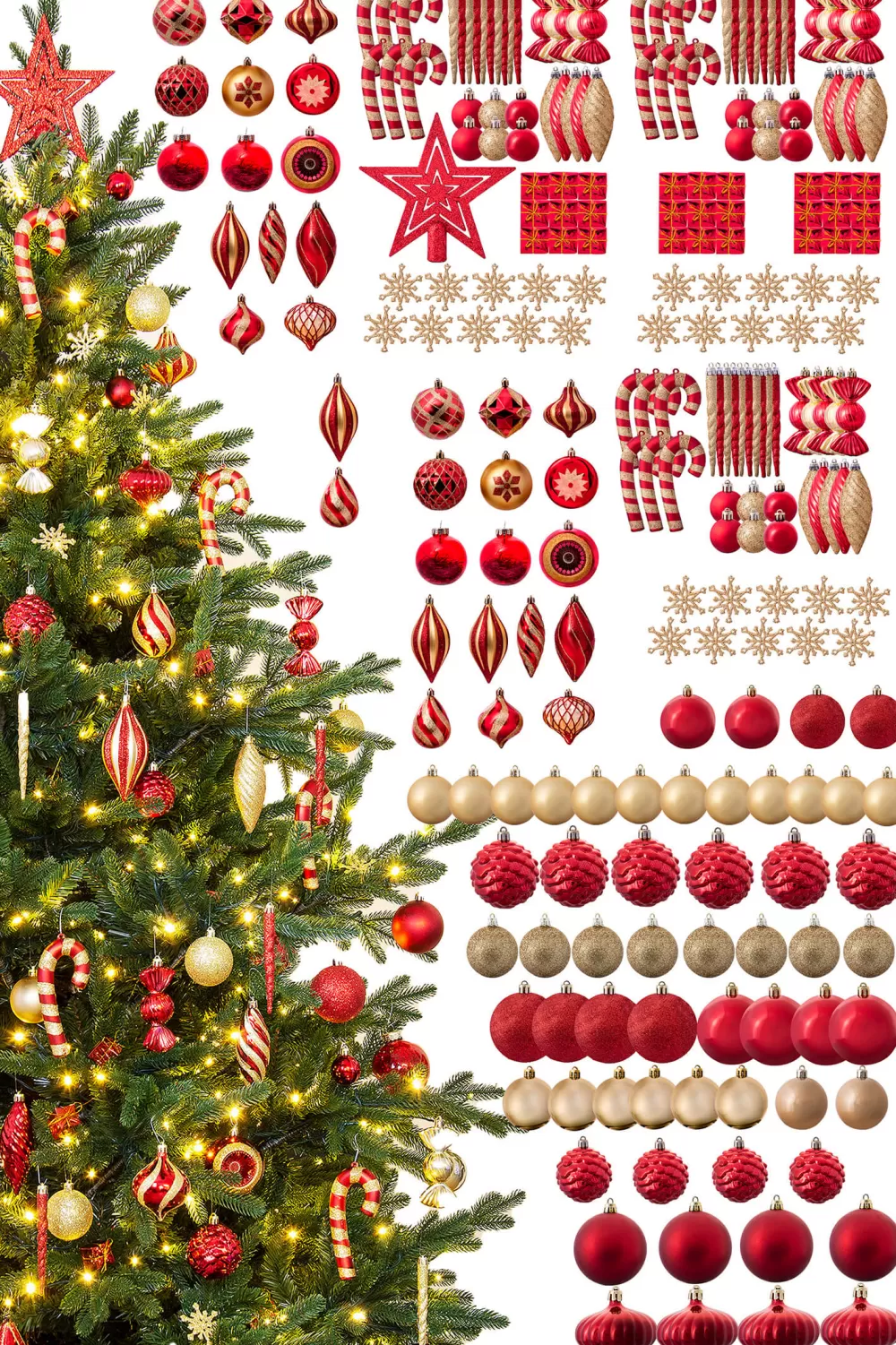 Christmas Tree World The 212pc Red & Gold Full Heavy Coverage Bauble Set (8ft Trees)< 8 Foot Pre Lit Christmas Trees | Pre-Lit Christmas Trees