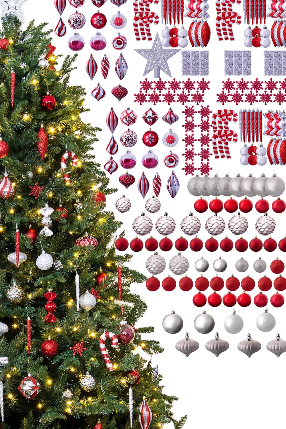 Christmas Tree World The 212pc Red & Silver Full Heavy Coverage Bauble Set (8ft Trees)< 8 Foot Pre Lit Christmas Trees | Pre-Lit Christmas Trees