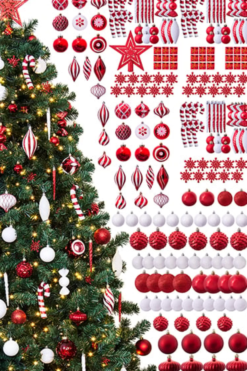 Christmas Tree World The 212pc Red & White Full Heavy Coverage Bauble Set (8ft Trees)< 8 Foot Pre Lit Christmas Trees | Pre-Lit Christmas Trees