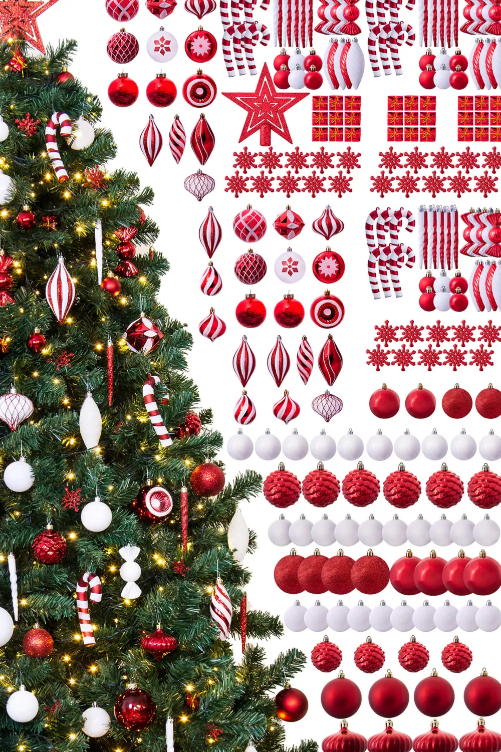 Christmas Tree World The 212pc Red & White Full Heavy Coverage Bauble Set (8ft Trees)< 8 Foot Pre Lit Christmas Trees | Pre-Lit Christmas Trees