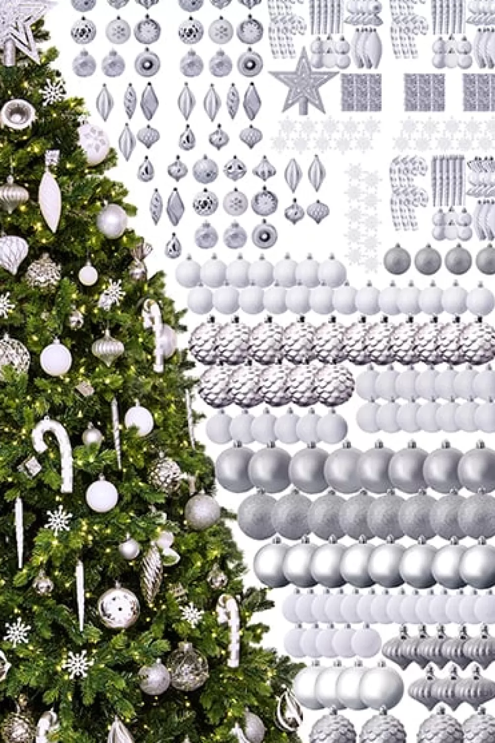 Christmas Tree World The 288pc White & Silver Full Heavy Coverage Bauble Set (9ft Trees)< 9 Foot Pre Lit Christmas Trees | Pre-Lit Christmas Trees