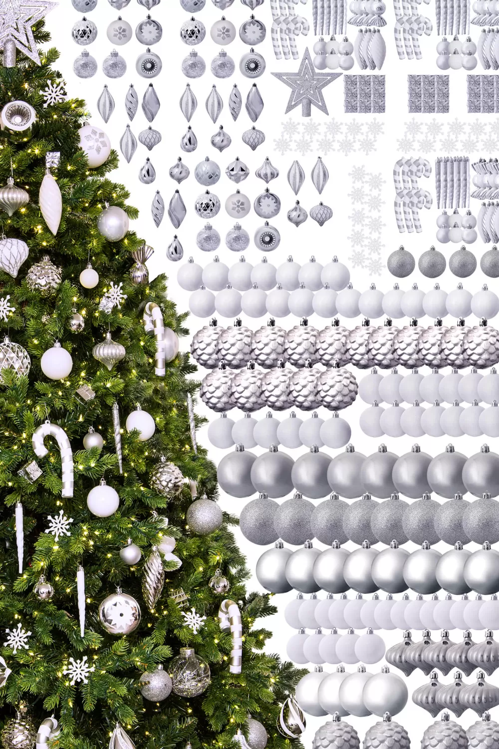 Christmas Tree World The 288pc White & Silver Full Heavy Coverage Bauble Set (9ft Trees)< 9 Foot Pre Lit Christmas Trees | Pre-Lit Christmas Trees