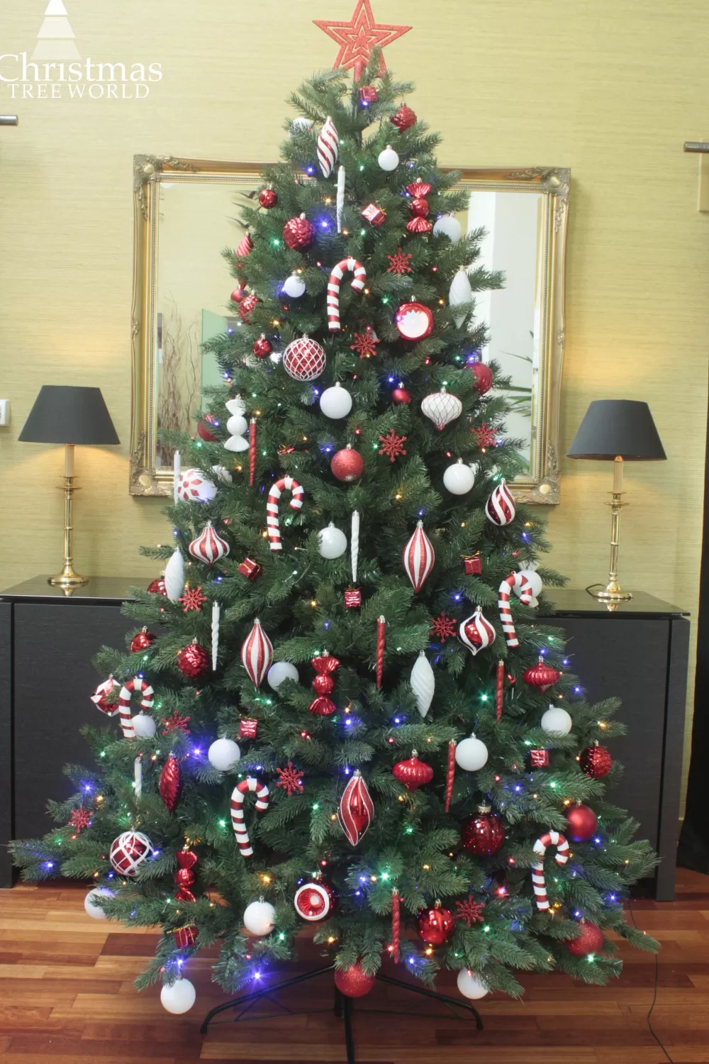 Christmas Tree World The Pre-lit 12ft Ultra Devonshire Fir - 6.6ft Wide - Warm White/Multicoloured Colour Change LEDs< Large Commercial Christmas Trees | 12 Foot Pre Lit Christmas Trees